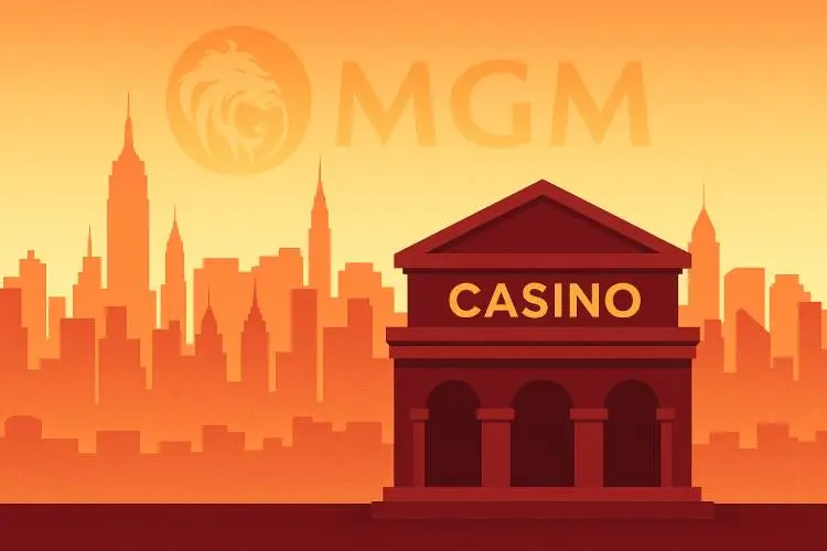 Landscape illustration of a city skyline at dusk with a casino building in the foreground and a fading MGM logo above the skyline, symbolizing MGM’s withdrawal from the New York casino race.