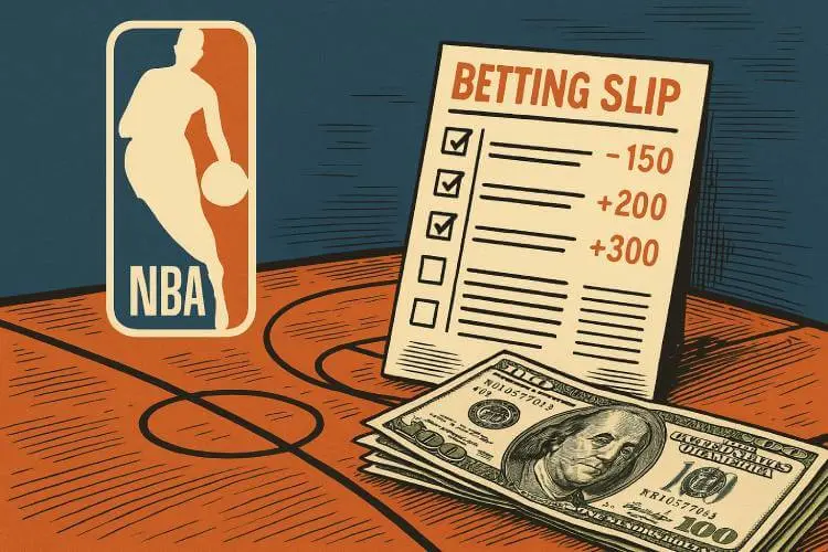 Illustration showing the NBA logo with a betting slip and US cash on a basketball court