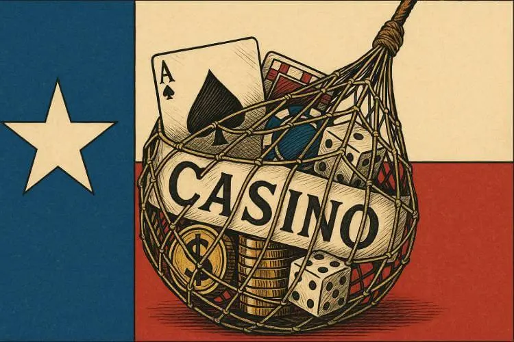 Mid-century modern illustration of a Texas flag with a detailed rope net capturing casino symbols, representing Texas tightening the net on sweepstakes casinos.
