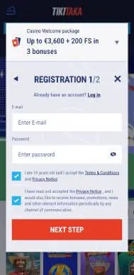 Tikitaka Casino sign up screenshot
