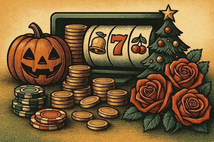 illustration of Wazdan network promotion showing online slot reels, gold coins, casino chips, and festive elements for Halloween, Christmas, and Valentine’s Day