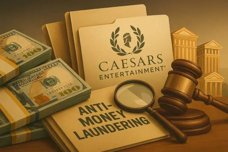 A detailed landscape digital illustration showing an investigation scene with folders, a gavel, a magnifying glass, stacks of cash, and the Caesars Entertainment logo.