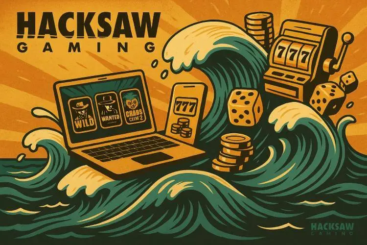 Vintage-style illustration of Atlantic City at sunset with a giant ocean wave filled with casino symbols and the Hacksaw Gaming and betOcean logos, representing digital casino expansion in New Jersey.