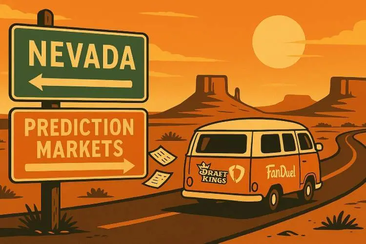 Illustration of a VW van with FanDuel and DraftKings stickers driving toward prediction markets, passing a road sign pointing back to Nevada in a desert landscape.