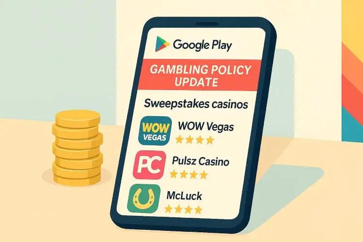 A smartphone displaying the Google Play Store with a “Gambling Policy Update” banner and sweepstakes casino apps visible, with sweepstake gold coins.