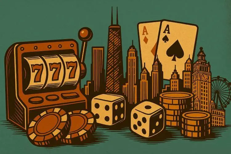 A retro-style illustrated scene featuring the Illinois skyline with casino elements including poker chips, playing cards, dice, and a slot machine.