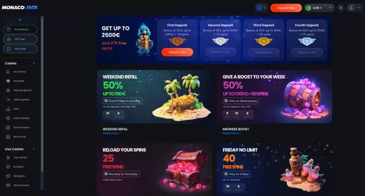 MonacoJack Casino promotions screenshot