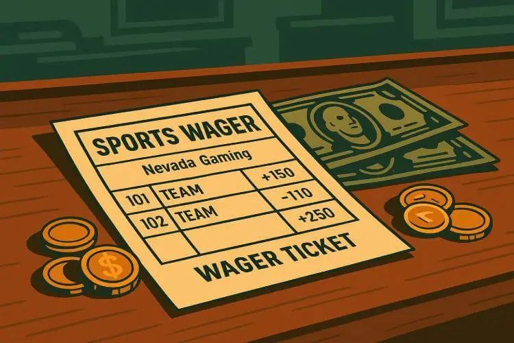 Illustrated Nevada betting slip lying on a bookmaker’s counter with coins and dollar bills beside it in a retro sportsbook style.
