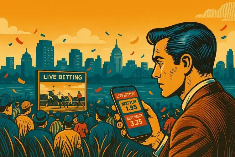 Illustration of a crowd watching a live sports match on a large outdoor screen, with a bettor checking microbetting odds on a phone against the New Jersey skyline.