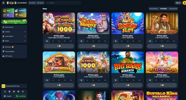 EgoGames Casino bonus shop screenshot