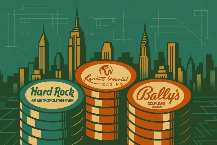 Illustration of three casino chip stacks labeled Hard Rock Metropolitan Park, Resorts World Casino, and Bally’s Ferry Point in front of the New York City skyline in a vintage graphic style.