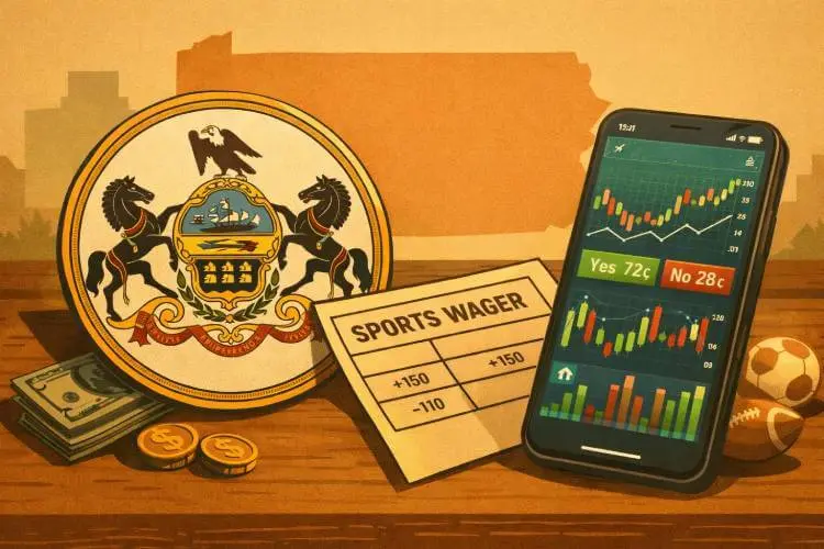 Illustration of the Pennsylvania state seal beside a sports wager slip, phone charts, and cash, symbolising state scrutiny of prediction markets and sports betting.