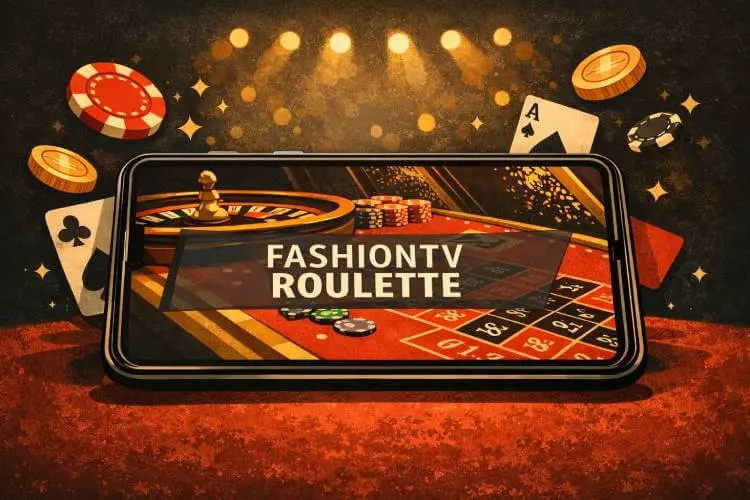 Illustrated mobile phone showing roulette game in luxury red carpet casino setting.