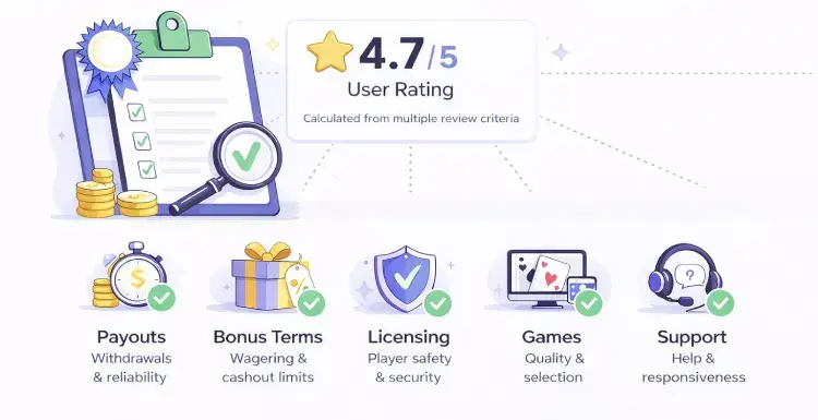 Infographic showing how Casino-Bonus.Club evaluates online casinos, including payouts, bonus terms, licensing, games, and customer support.