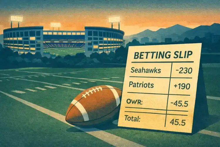 Illustration of an American football stadium with a betting slip ahead of Super Bowl betting in 2026.