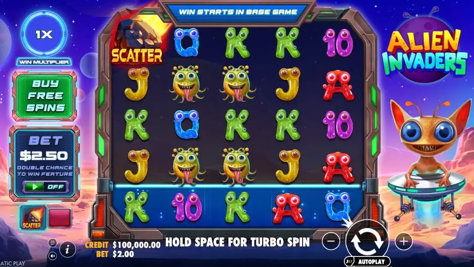 Alien Invaders Slot Symbols and main screen