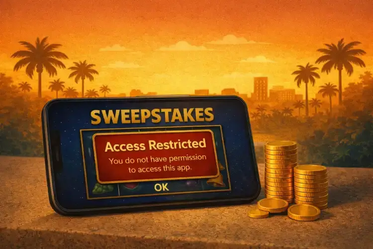 Illustration of a smartphone showing an “Access Restricted” message on a sweepstakes casino app against a Florida sunset background.